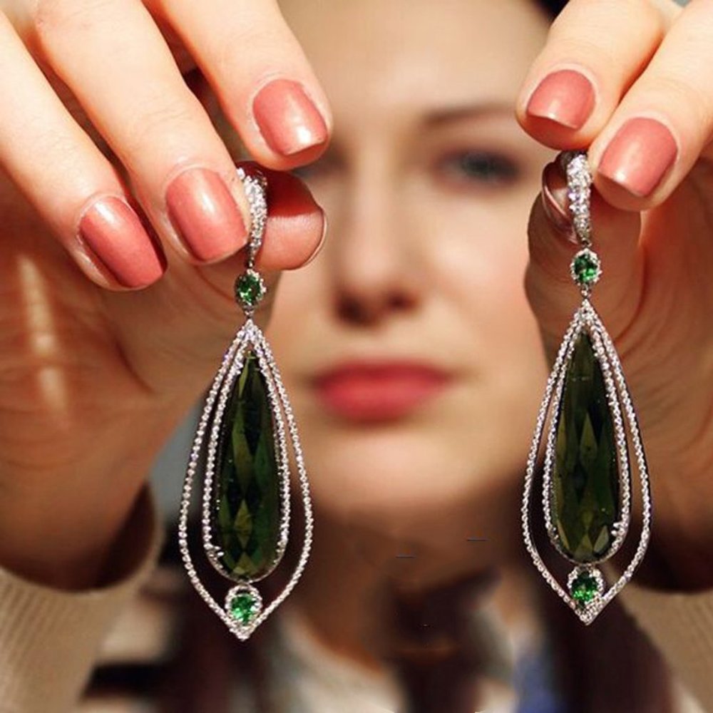 Water Drop Green CZ Stone Pierced Dangle Earrings - Picture 5 of 6